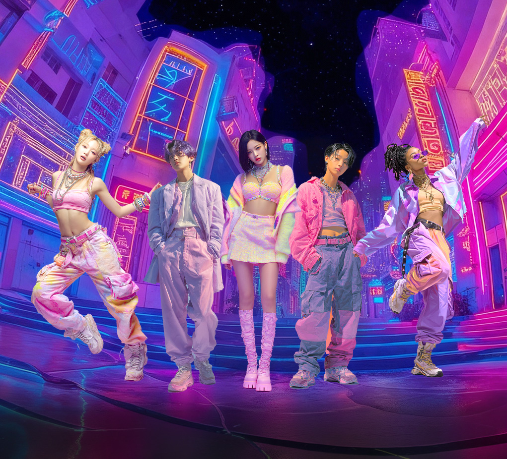 Colorful group fashion shoot in neon-lit futuristic cityscape. Vibrant streetwear style, vivid energy and urban vibes.