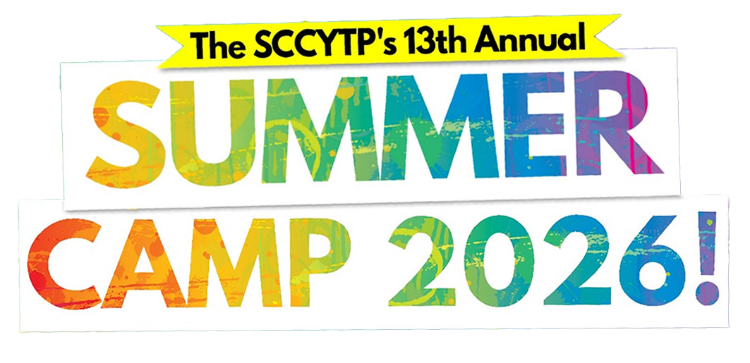 The SCCYTP's 13th Annual Summer Camp 2026 vibrant banner design with colorful text.