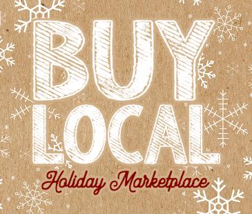 Buy Local Holiday Marketplace logo is displayed on a light brown, craft paper background with a white snowflake border.